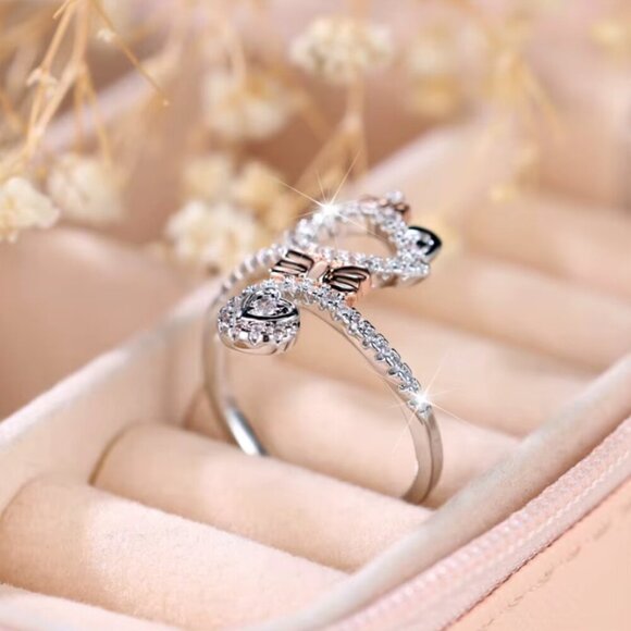 NEW 14k White Gold Cat Diamond Ring White & Pink Cat Ring Band - Picture 4 of 5